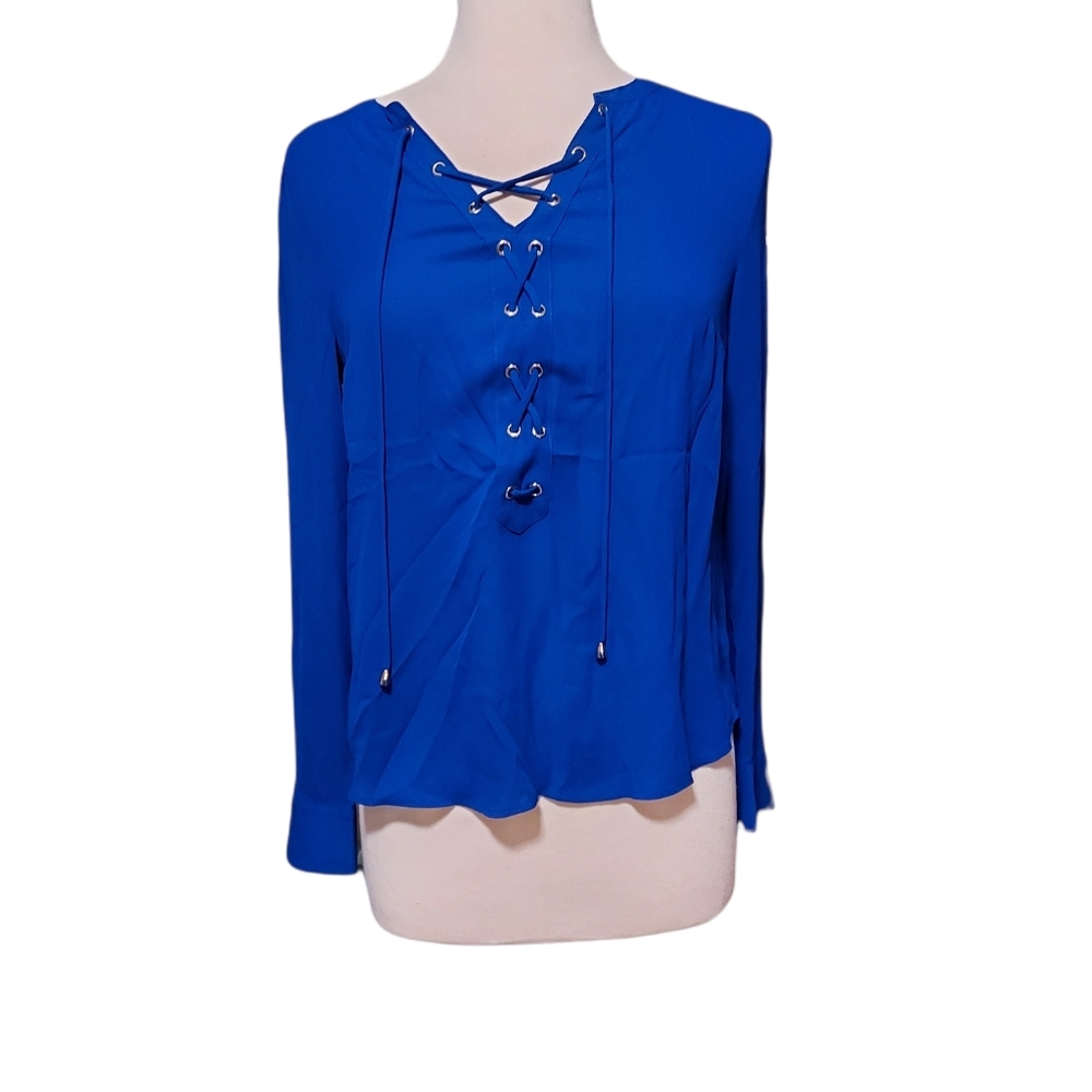 Inc  Womens Lace-Up Knit Blouse Shirt Top Blue Long Sleeve